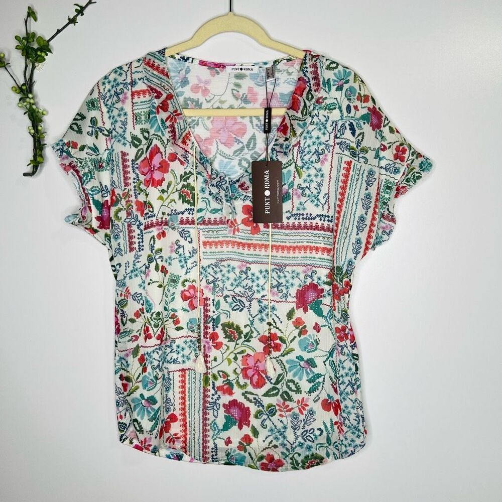 Punt Roma Floral Boho Tassel Short Sleeve Blouse NWT